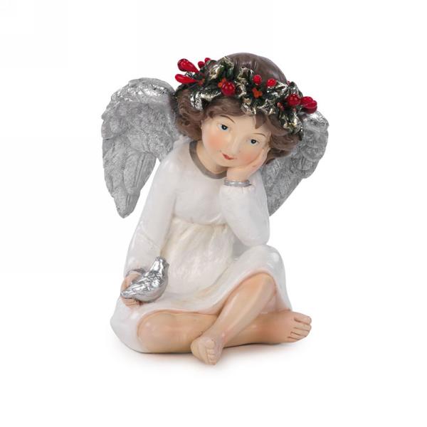 Figurine Ange assis avec oiseau argent Attitude import